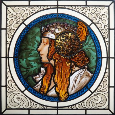 TWO STAINED GLASS WITH COMPLETE GLASS PAINTING BASED ON ALPHONSE MUCHA, DIMENSIONS 50x50 cm, 2017