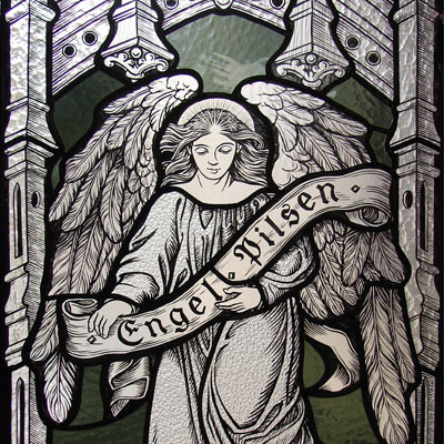 FIGURE STAINED GLASS FOR THE ADVERTISMENT OF PILSEN BREWERY, DIMENSIONS 60x140 cm, 2009