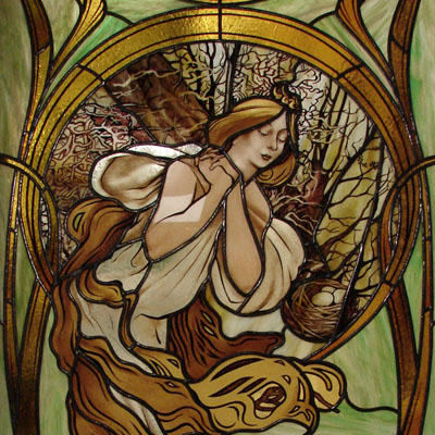 FIGURE STAINED GLASS BASED ON ALPHONSE MUCHA „SPRING“, DIMENSIONS 65x140 cm, 2015