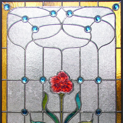 DECORATIVE STAINED GLASS IN THE ART NOUVEAU STYLE INCLUDING GLASS STONES, DIMENSIONS 60x120 cm, 2009