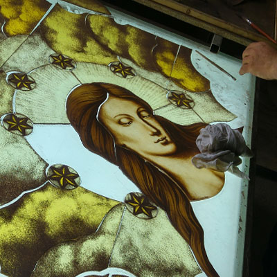 FIGURATIVE STAINED GLASS IN THE HISTORICIZING STYLE OF 'VIRGIN MARY, UNFOLDING KNOTS', 350X700 CM, CHURCH OF ST. BARTOLOMIES IN KRAVAŘE, AUTHOR: RADEK PÁNÍK, REALIZATION 2016