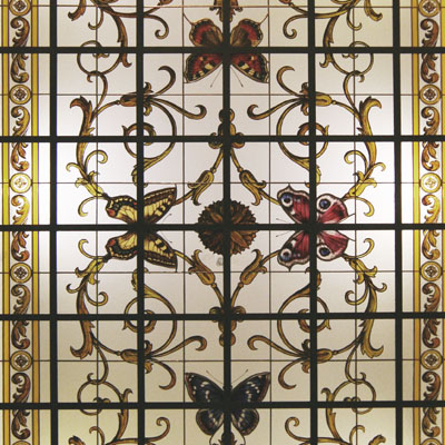 INTERIOR STAINED GLASS IN THE HISTORICIST STYLE, KARLOVY VARY, HOTEL QUSISANA, DIMENSIONS 500x300 cm, ARTIST: RADEK PÁNÍK,  2010