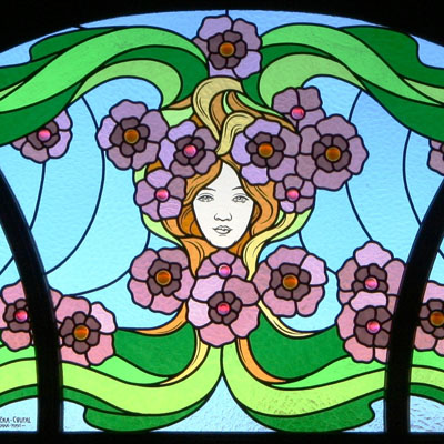 DECORATIVE STAINED GLASS IN THE ART NOUVEAU STYLE INCLUDING GLASS STONES, DIMENSIONS 90x180 cm, ARTIST: RADEK PÁNÍK, 2008