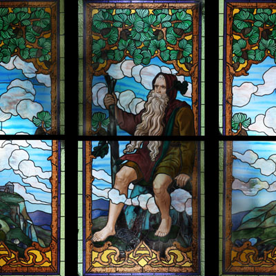 STAINED GLASS FROM THE ENTRANCE HALL OF KRAKONOŠ HOTEL IN MARIÁNSKÉ LÁZNĚ, R. SCHLEIN – GROTTAU i. B., UNDATED, RESTORED 2012